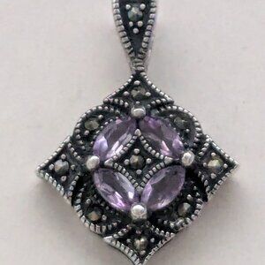 JC 925 Sterling Silver Amethyst Marcasite Ornate Pendant